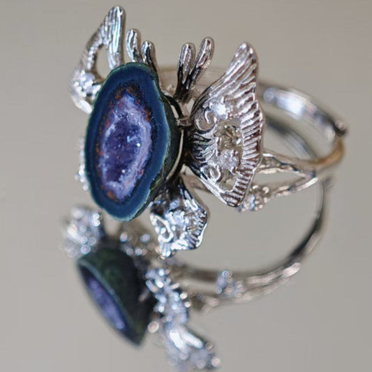Butterfly Geode Agate Druzy Ring – 925 Sterling Silver, Handcrafted, Unique Gemstone Jewelry By LANYI